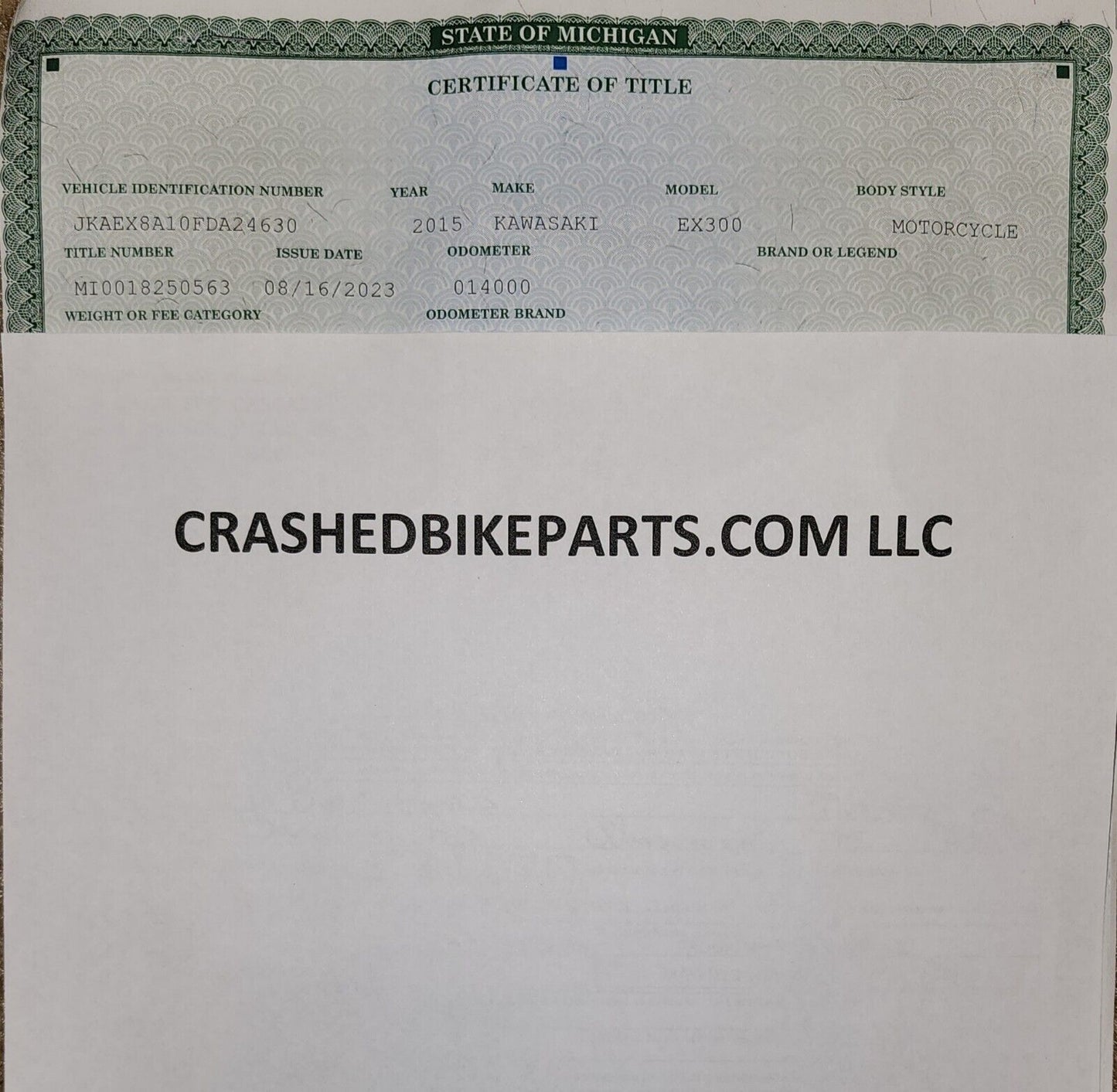2015 13-17 KAWASAKI NINJA EX 300 MAIN FRAME EZ Register Clean Papers 239930 OEM